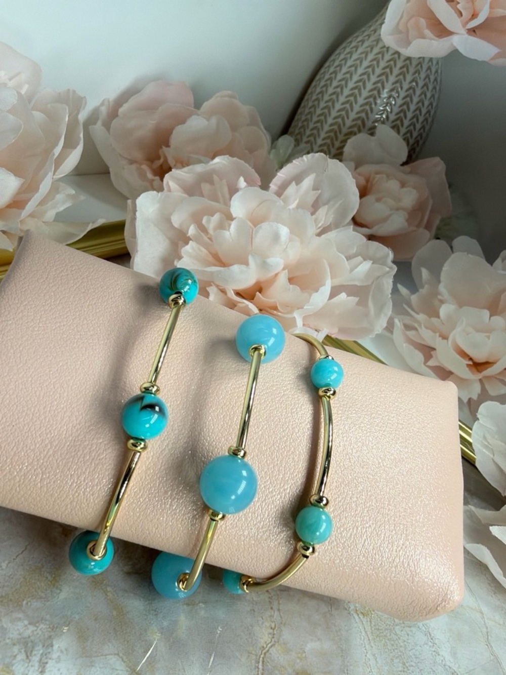 Gold-Tone Turquoise Bead Bangle Bracelet Set - Women Jewelry